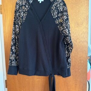 Maurices Black Textured Sweater with Floral Trim